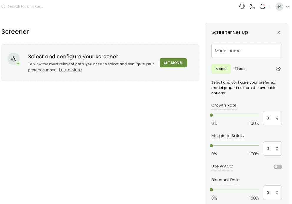Screener Setup - DCF settings