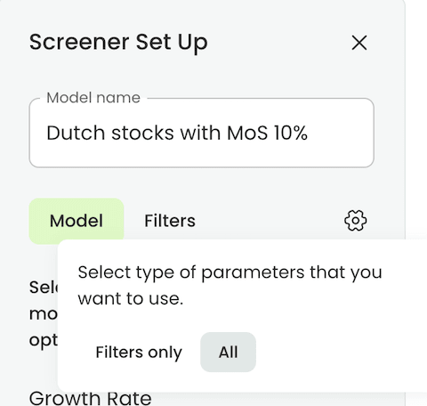 Screener Setup - DCF settings